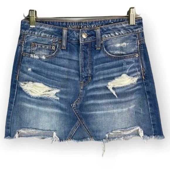 AMERICAN EAGLE Denim Mini Skirt Blue MidWash Distressed Button Fly Western 2 - Picture 2 of 11
